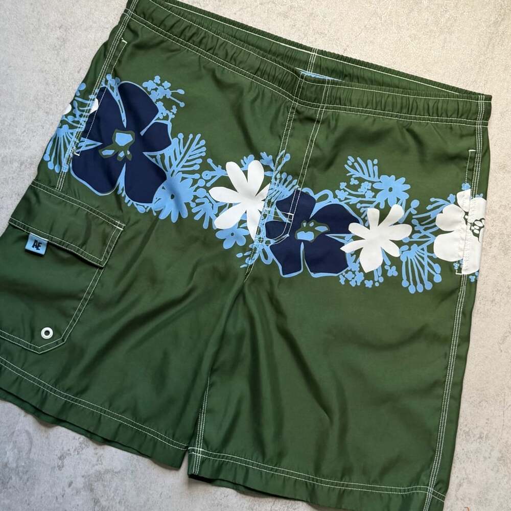 American Eagle Swim Shorts Size 34 Green Floral Hibiscus Board Surf